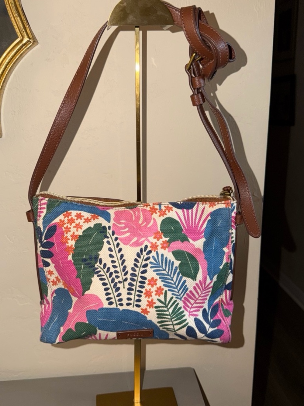 Fossil Floral Canvas Crossbody in Pink, Blue & Green with Brown Strap